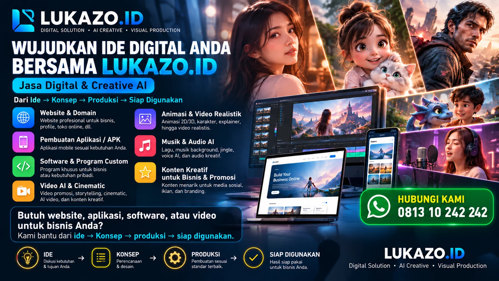 Brosur landscape LUKAZO.ID: Wujudkan ide digital Anda bersama LUKAZO.ID, jasa digital & creative AI. Website & domain, pembuatan aplikasi/APK, software & program custom, video AI & cinematic, animasi & video realistik, musik & audio AI, konten kreatif bisnis & promosi. Alur ide, konsep, produksi, siap digunakan. Hubungi 0813 10 242 242.